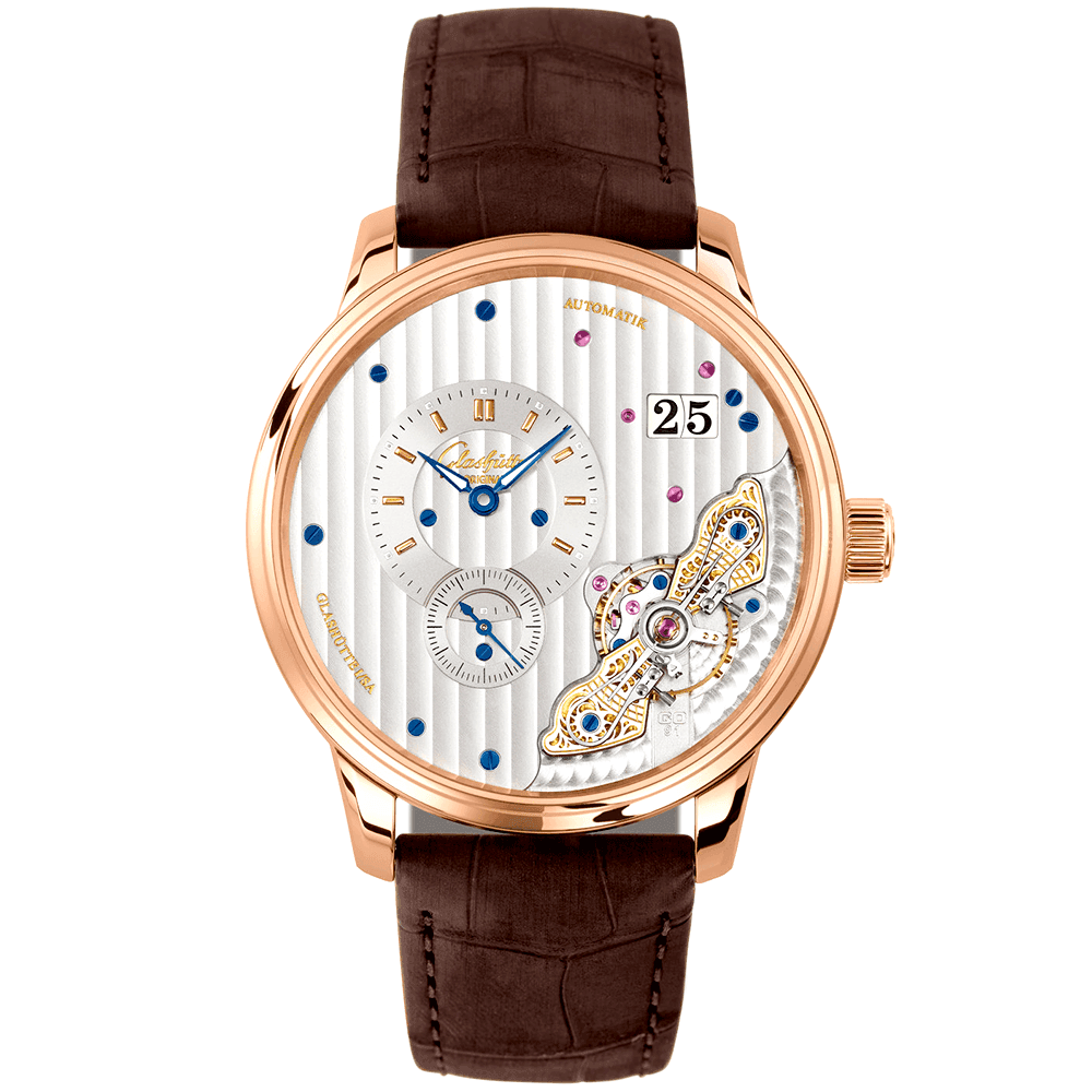 Glashütte Original PanoMaticInverse 42mm 18ct Red Gold Galvanised Dial Men's Strap Watch - Berry's Jewellers