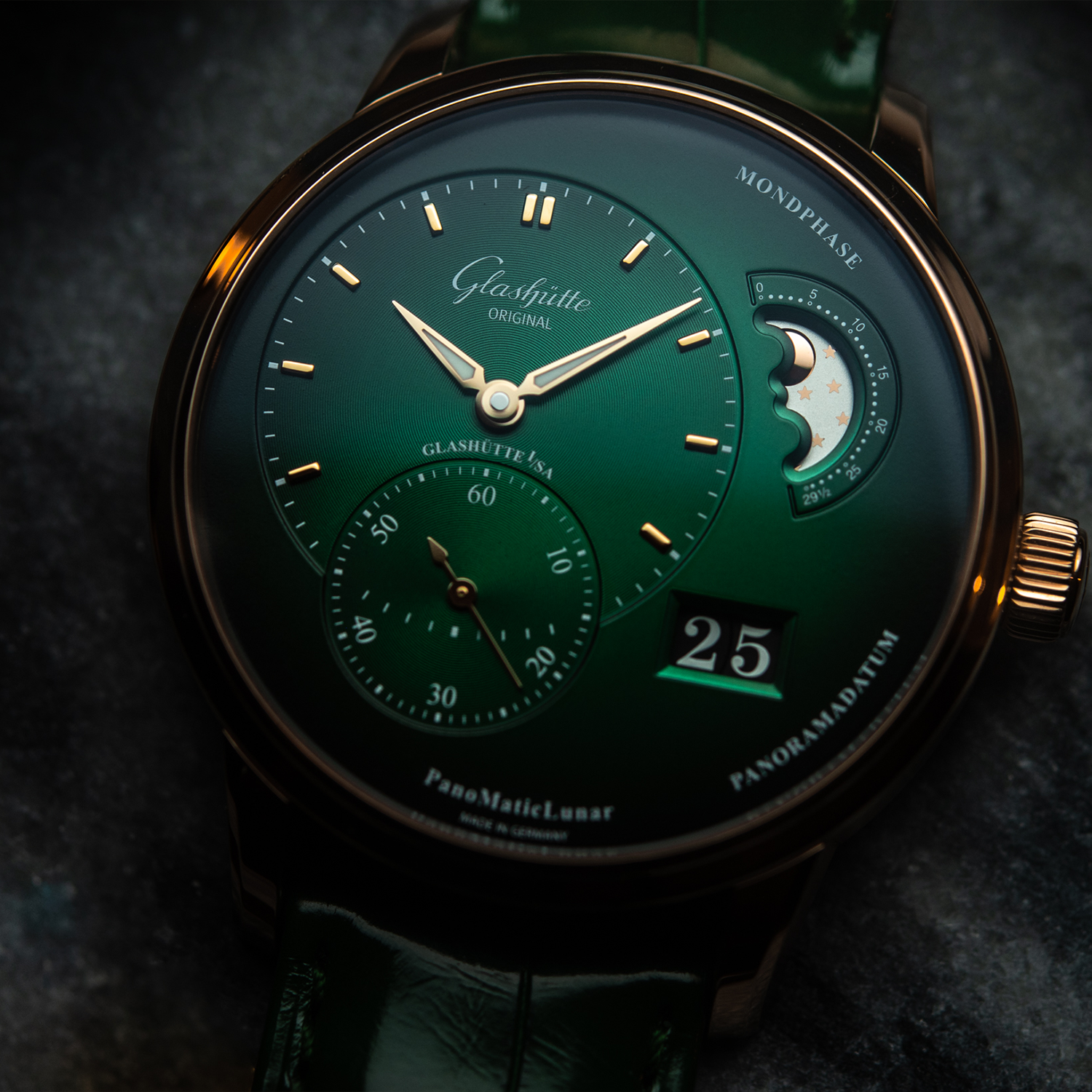 Glashütte Original PanoMaticLunar 40mm Rose Gold & Green Dial Automatic Men's Watch - Berry's Jewellers