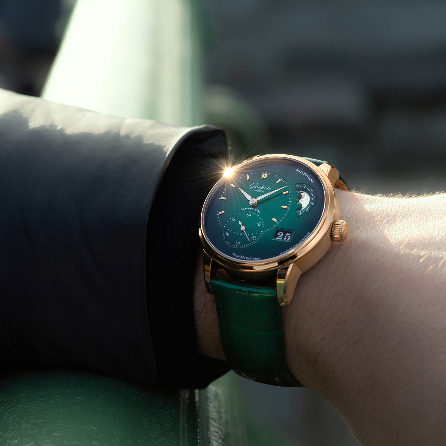 Glashütte Original PanoMaticLunar 40mm Rose Gold & Green Dial Automatic Men's Watch - Berry's Jewellers