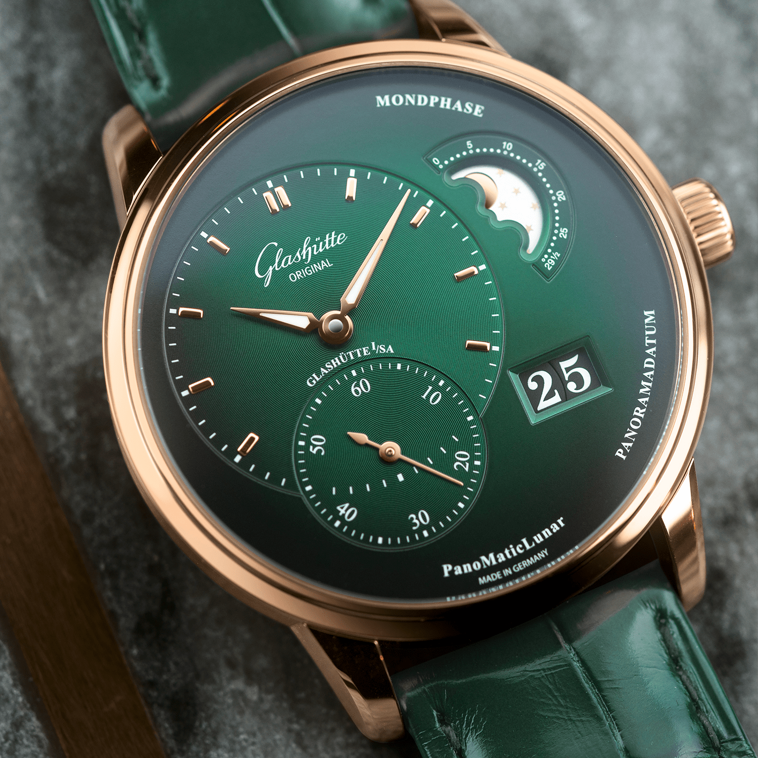 Glashütte Original PanoMaticLunar 40mm Rose Gold & Green Dial Automatic Men's Watch - Berry's Jewellers