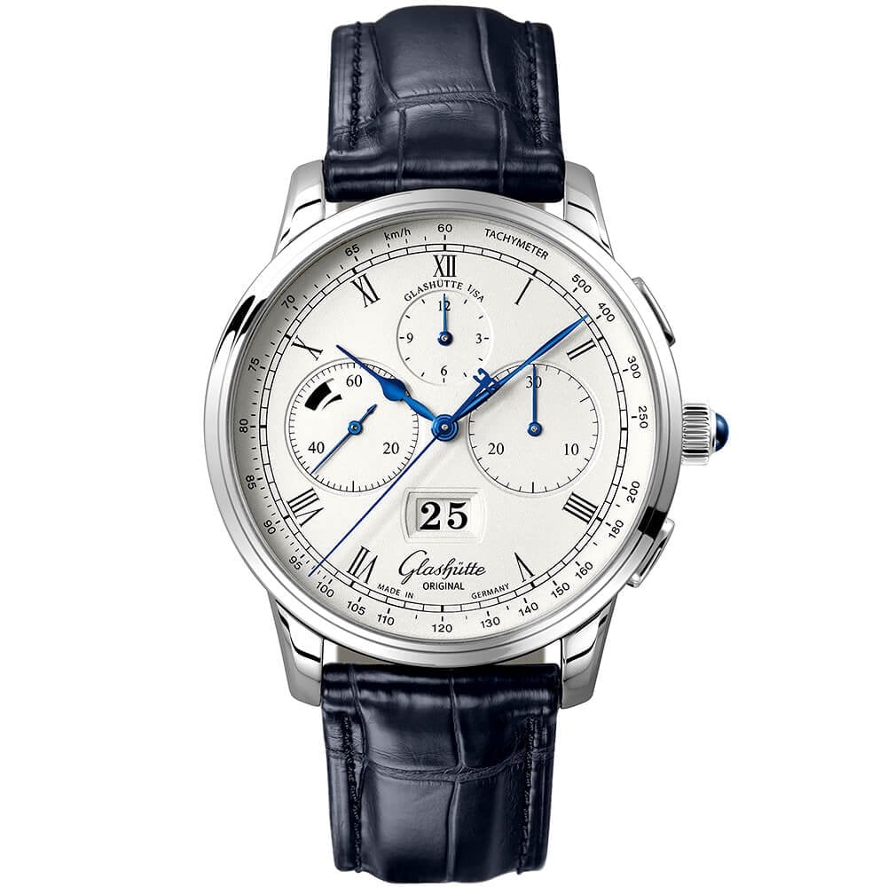 Glashütte Original Senator 42mm Platinum Panorama Date White Dial Chronograph Watch - Berry's Jewellers