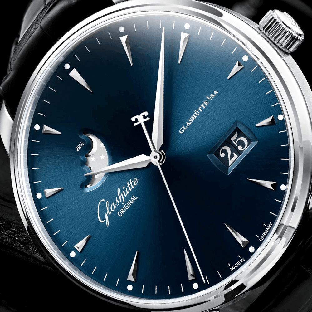 Glashütte Original Senator Excellence Panorama Moonphase 42mm Blue Dial Leather Strap Watch - Berry's Jewellers