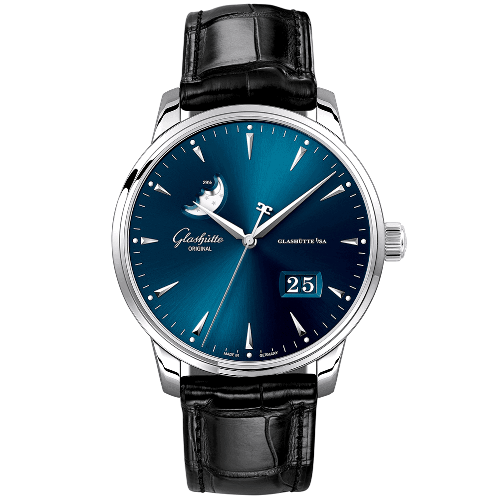 Glashütte Original Senator Excellence Panorama Moonphase 42mm Blue Dial Leather Strap Watch - Berry's Jewellers