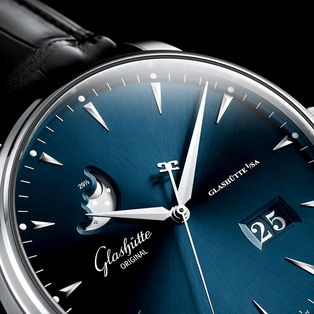 Glashütte Original Senator Excellence Panorama Moonphase 42mm Blue Dial Leather Strap Watch - Berry's Jewellers