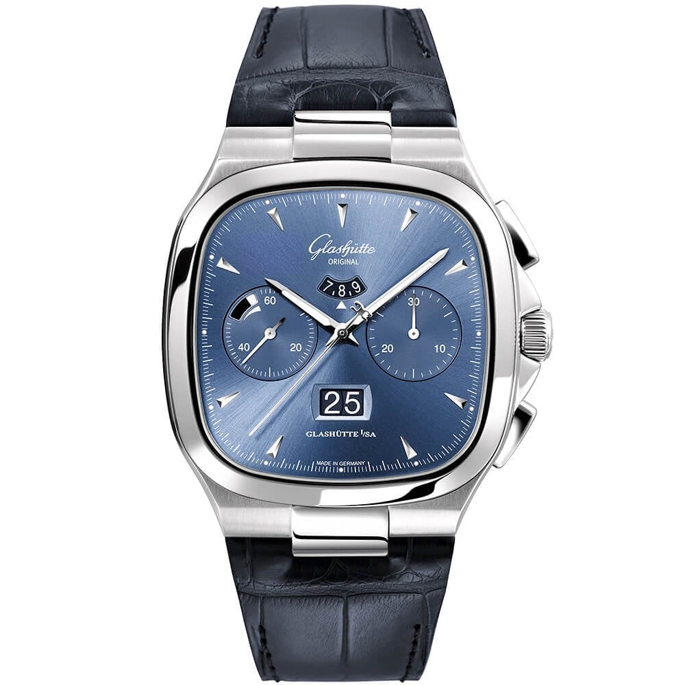 Glashütte Original Seventies  Panorama Date 40mm Blue Dial Men's Leather Strap Watch - Berry's Jewellers