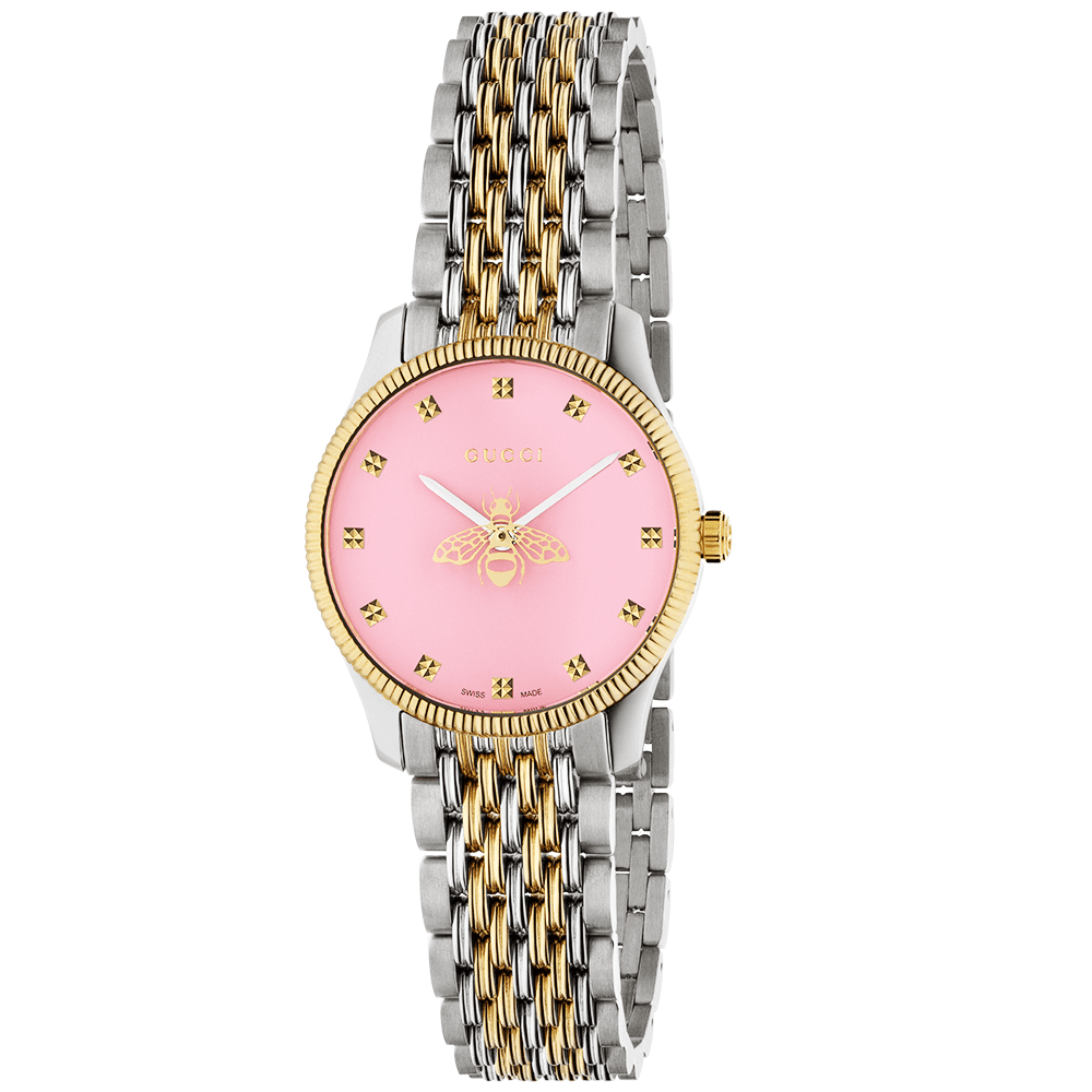 Gucci G-Timeless 29mm Pink Icon Bee Motif Dial Two Tone Bracelet Watch - Berry's Jewellers