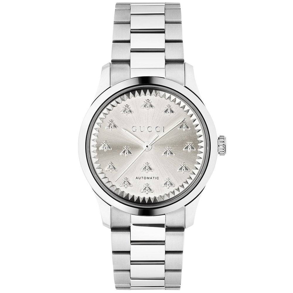 Gucci G-Timeless 38mm Silver Sun brushed Dial With Bees Automatic Stainless Steel Bracelet Watch - Berry's Jewellers