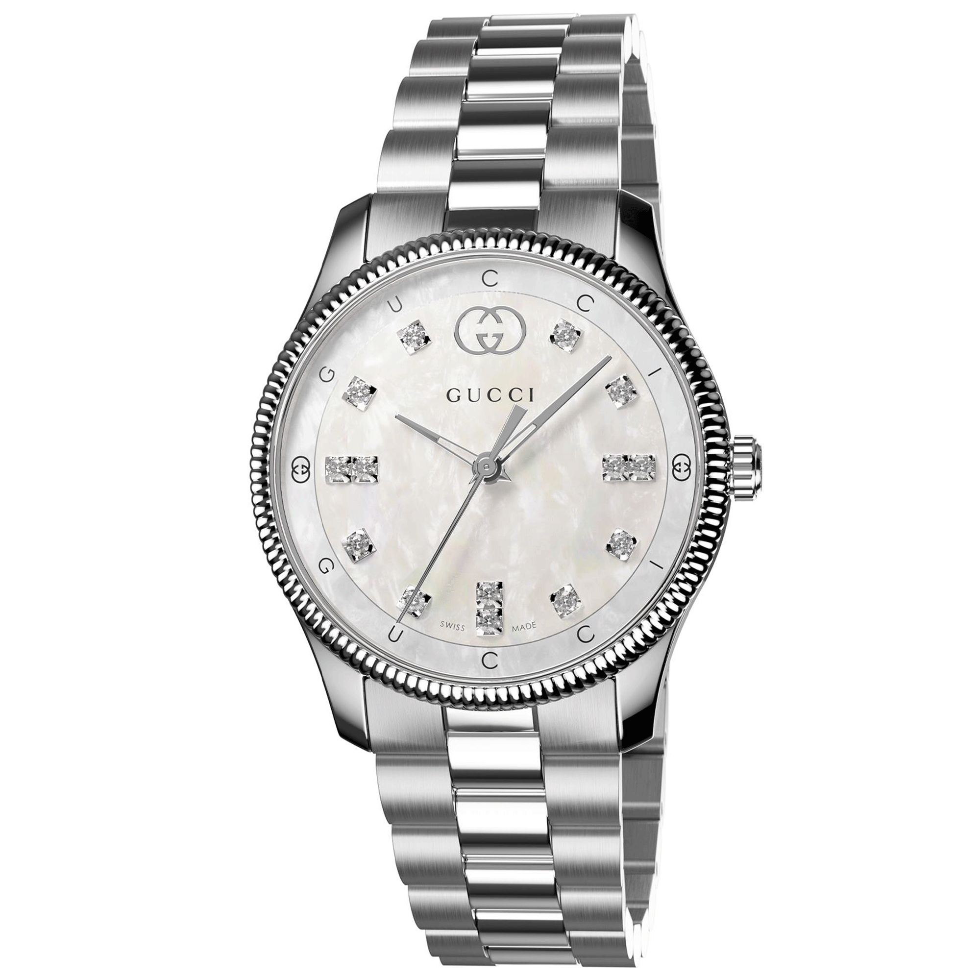 G-Timeless Quartz 29mm Stainless Steel White Mother of Pearl Diamond Dial Bracelet Watch