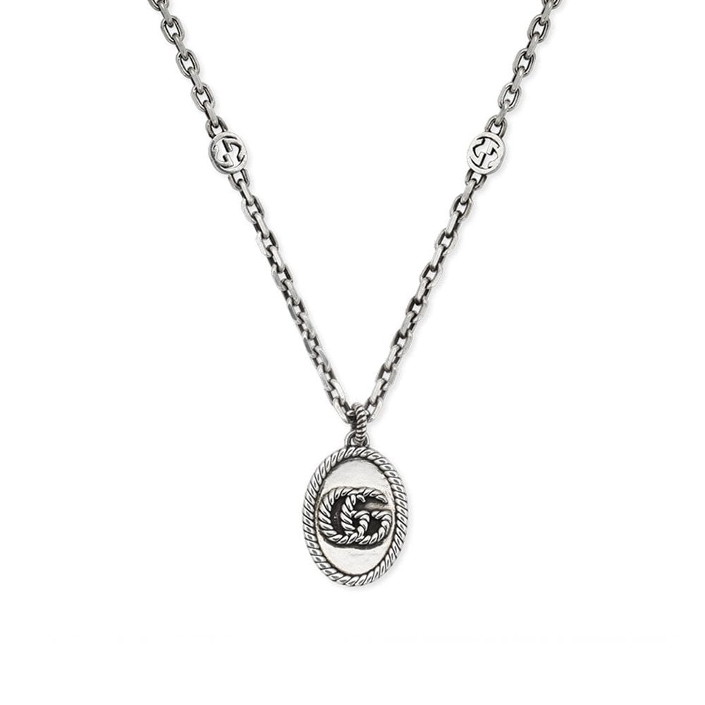 Gucci GG Marmont Aged Sterling Silver Oval Necklace with GG Chain - Berry's Jewellers