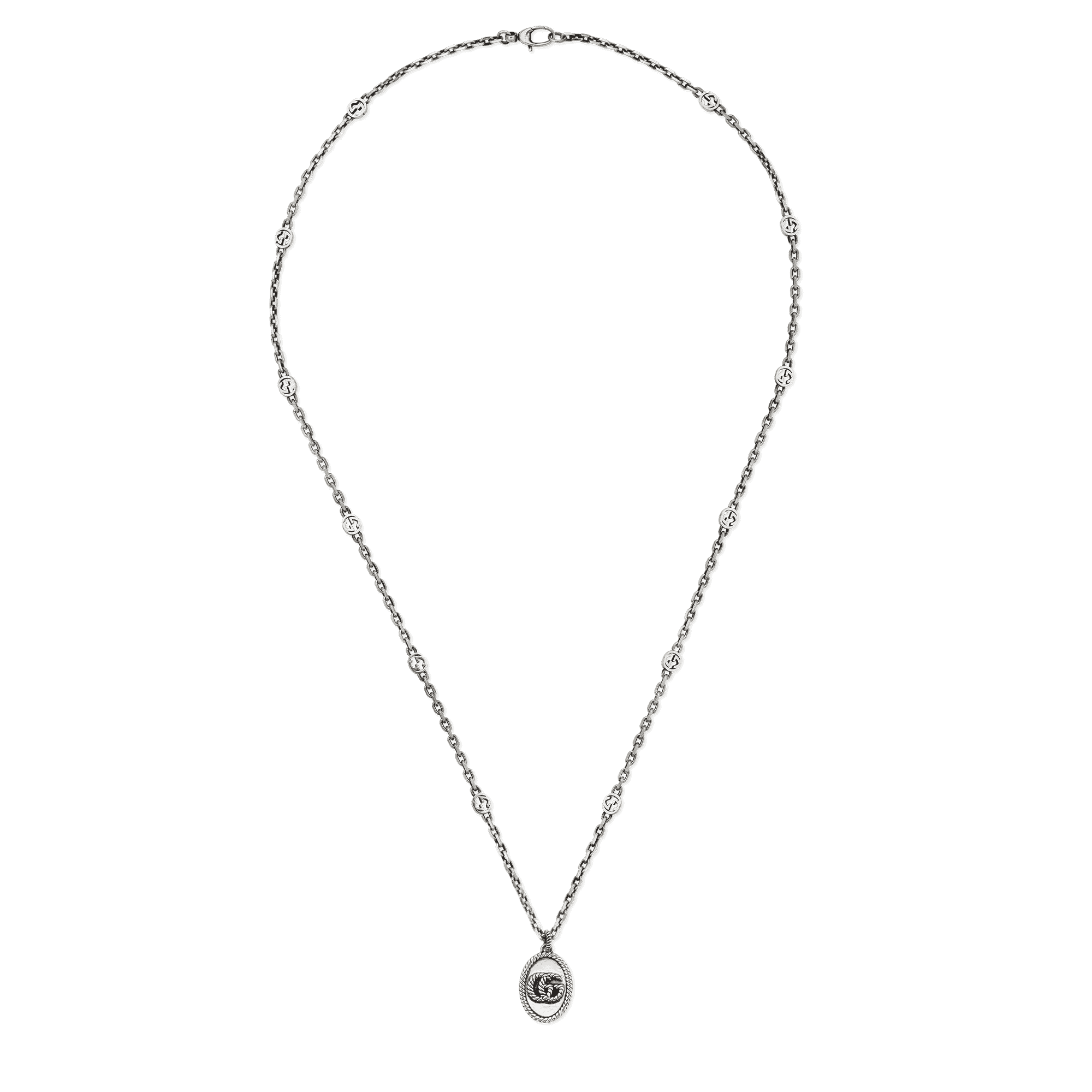 Gucci GG Marmont Aged Sterling Silver Oval Necklace with GG Chain - Berry's Jewellers