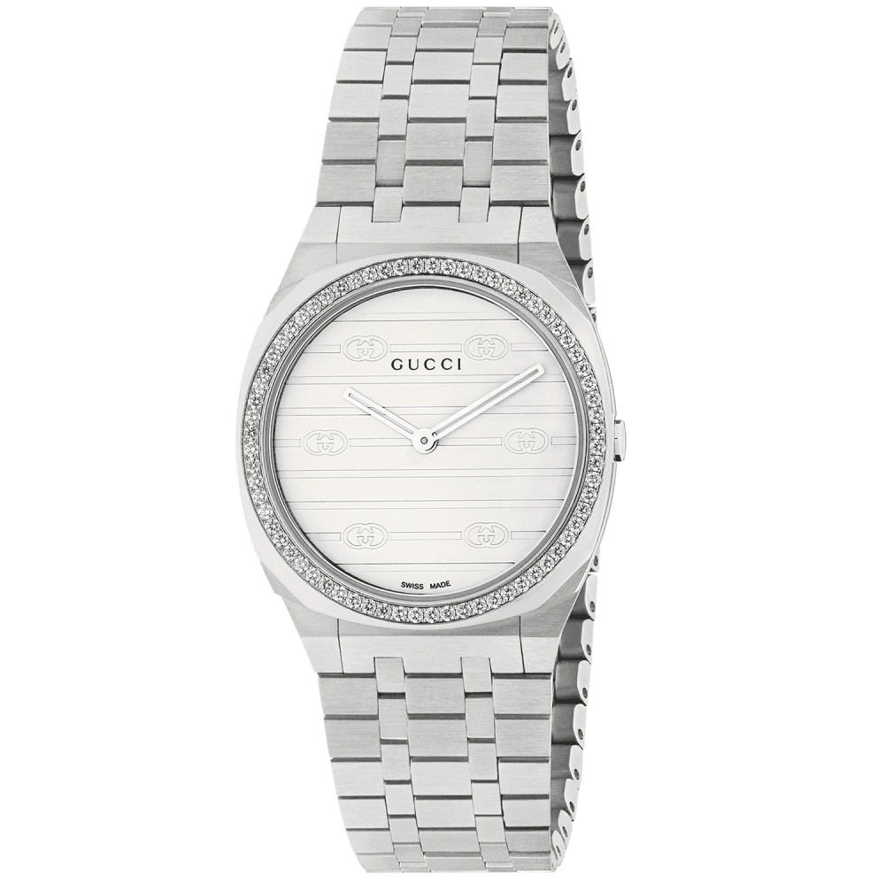 GUCCI 25H 30mm White Dial & Diamond Bezel Stainless Steel Bracelet Watch