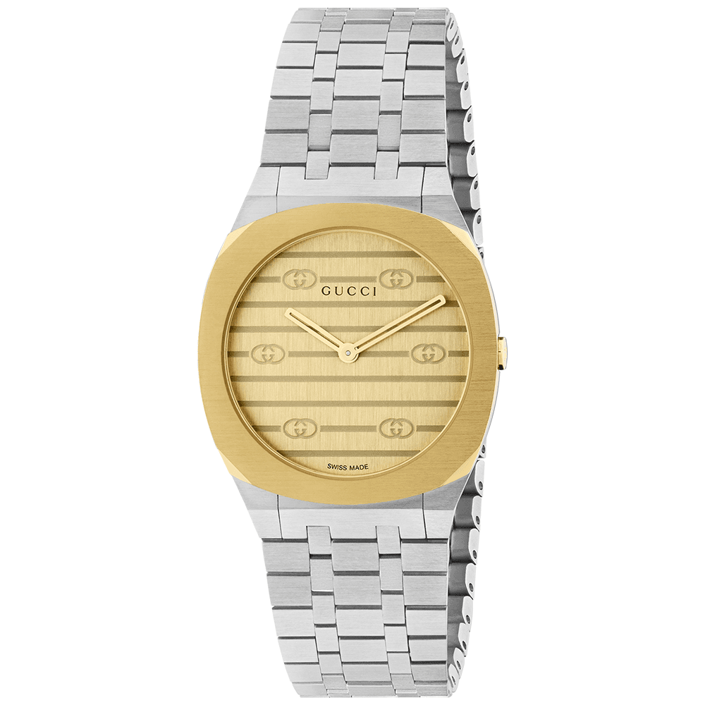 Gucci GUCCI 25H 30mm Yellow Dial & Two Tone Stainless Steel Bracelet Watch - Berry's Jewellers