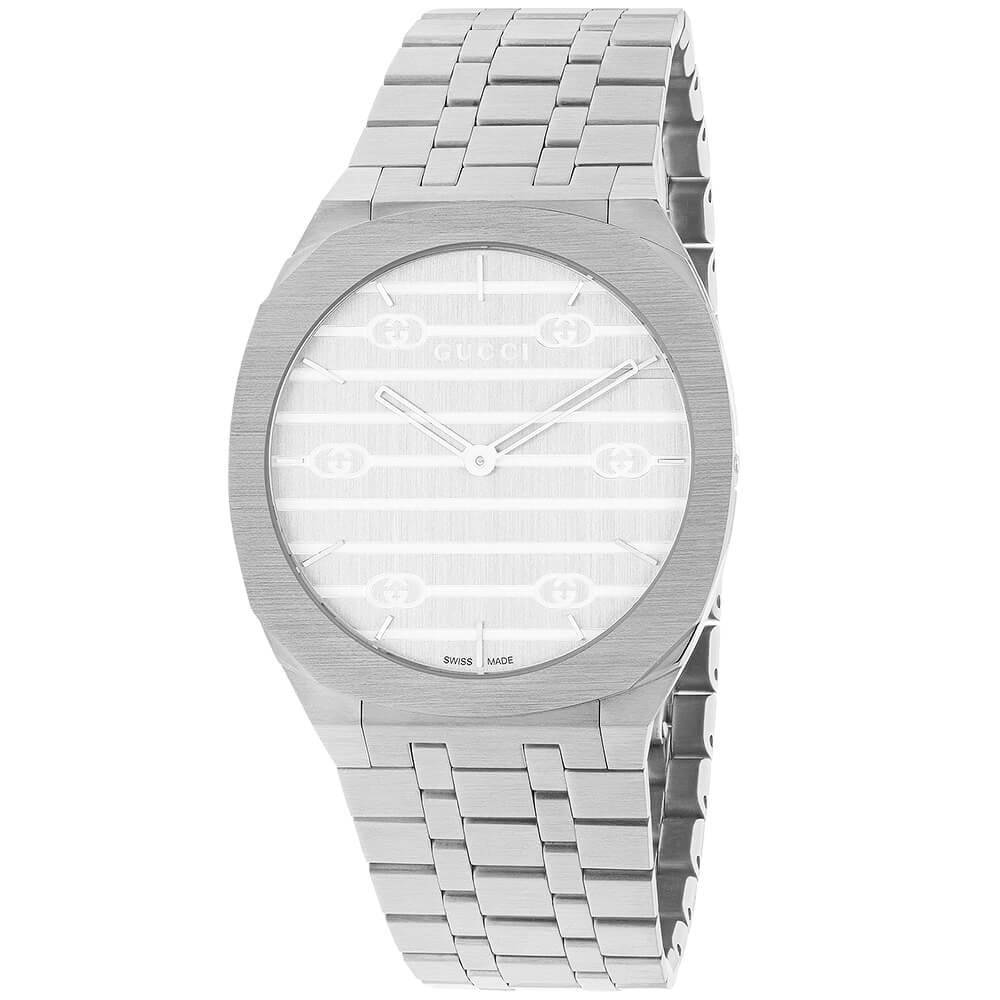 GUCCI 25H 34mm Silver Dial Stainless Steel Bracelet Watch