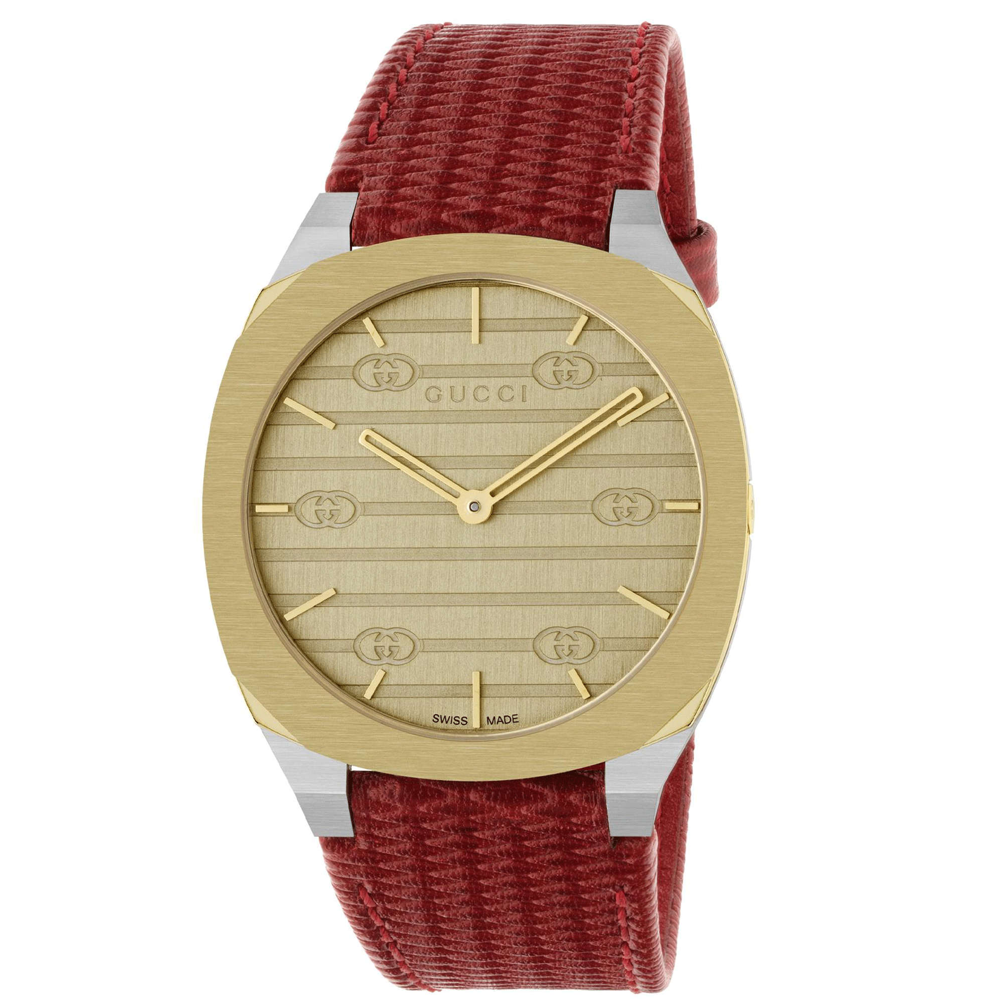 GUCCI 25H 34mm Stainless Steel Red Leather Strap Watch With A Champagne Dial & Bezel