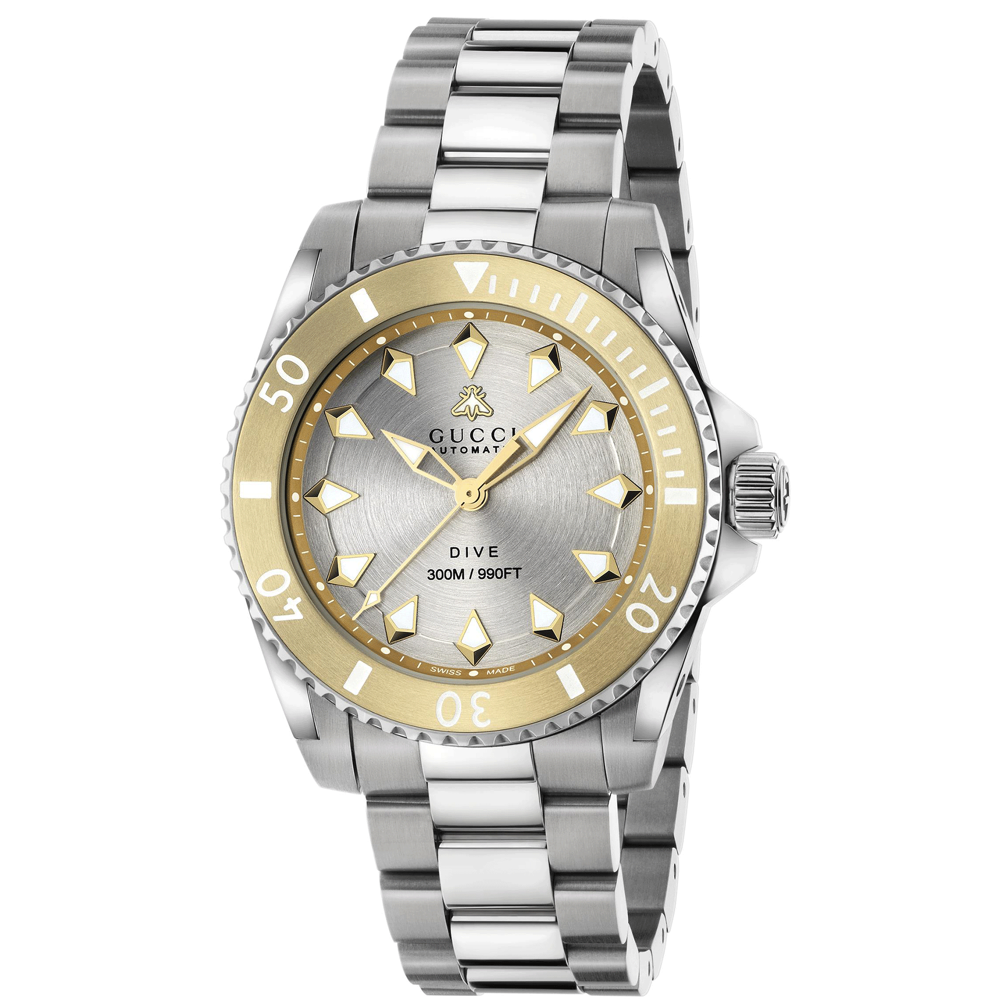 Gucci Gucci Dive 40mm Stainless Steel Automatic Watch With A Silver Dial & Gold Bezel - Berry's Jewellers