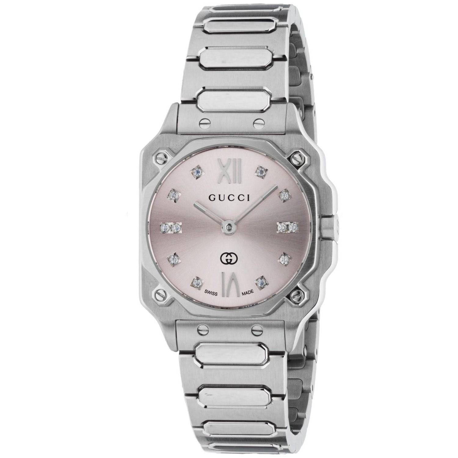 Gucci G-Flat Quartz Stainless Steel Pink Diamond Dial Bracelet Watch