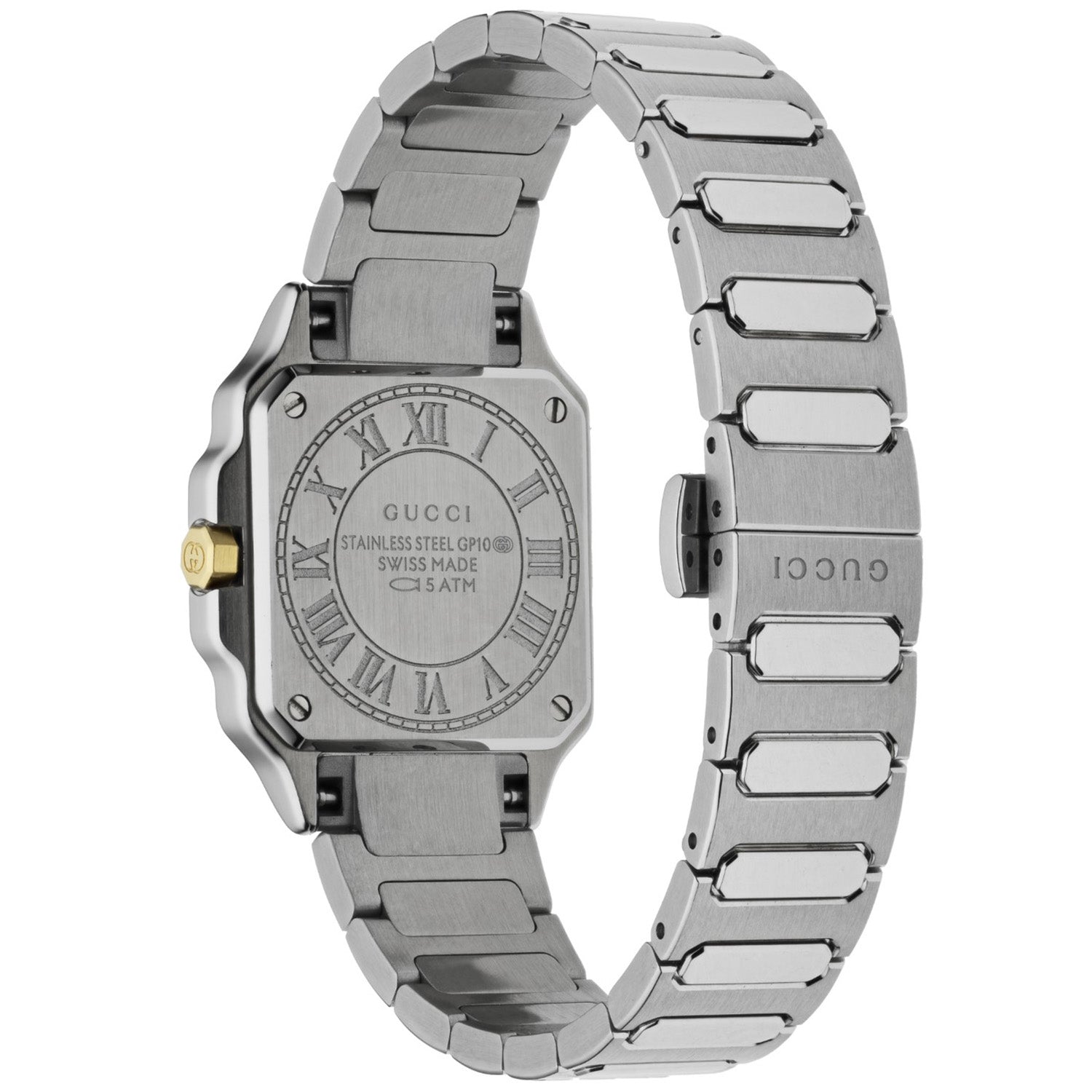 Gucci Gucci G-Flat Quartz Stainless Steel Silver Diamond Dial Gold Plated Bezel Bracelet Watch - Berry's Jewellers