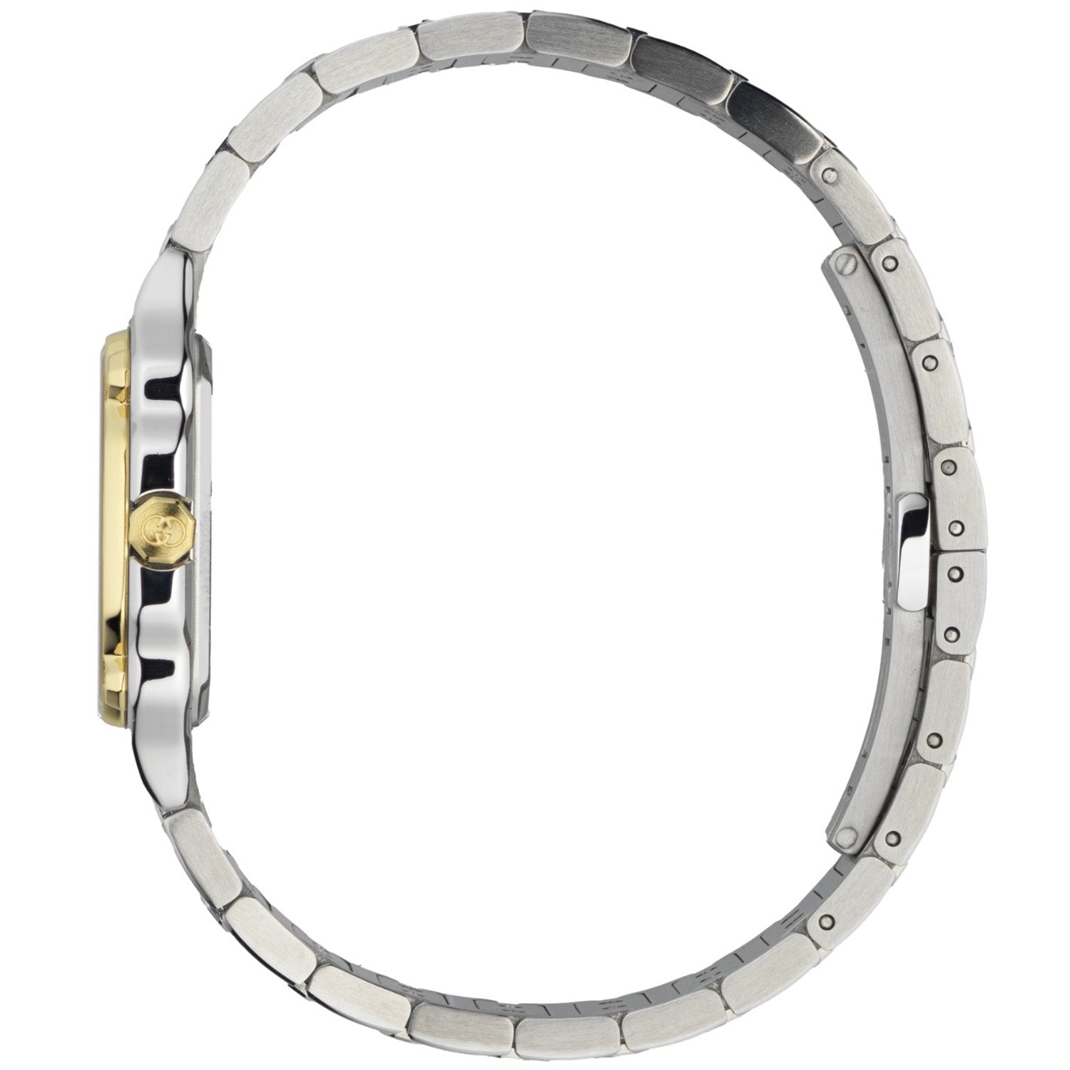 Gucci Gucci G-Flat Quartz Stainless Steel Silver Diamond Dial Gold Plated Bezel Bracelet Watch - Berry's Jewellers