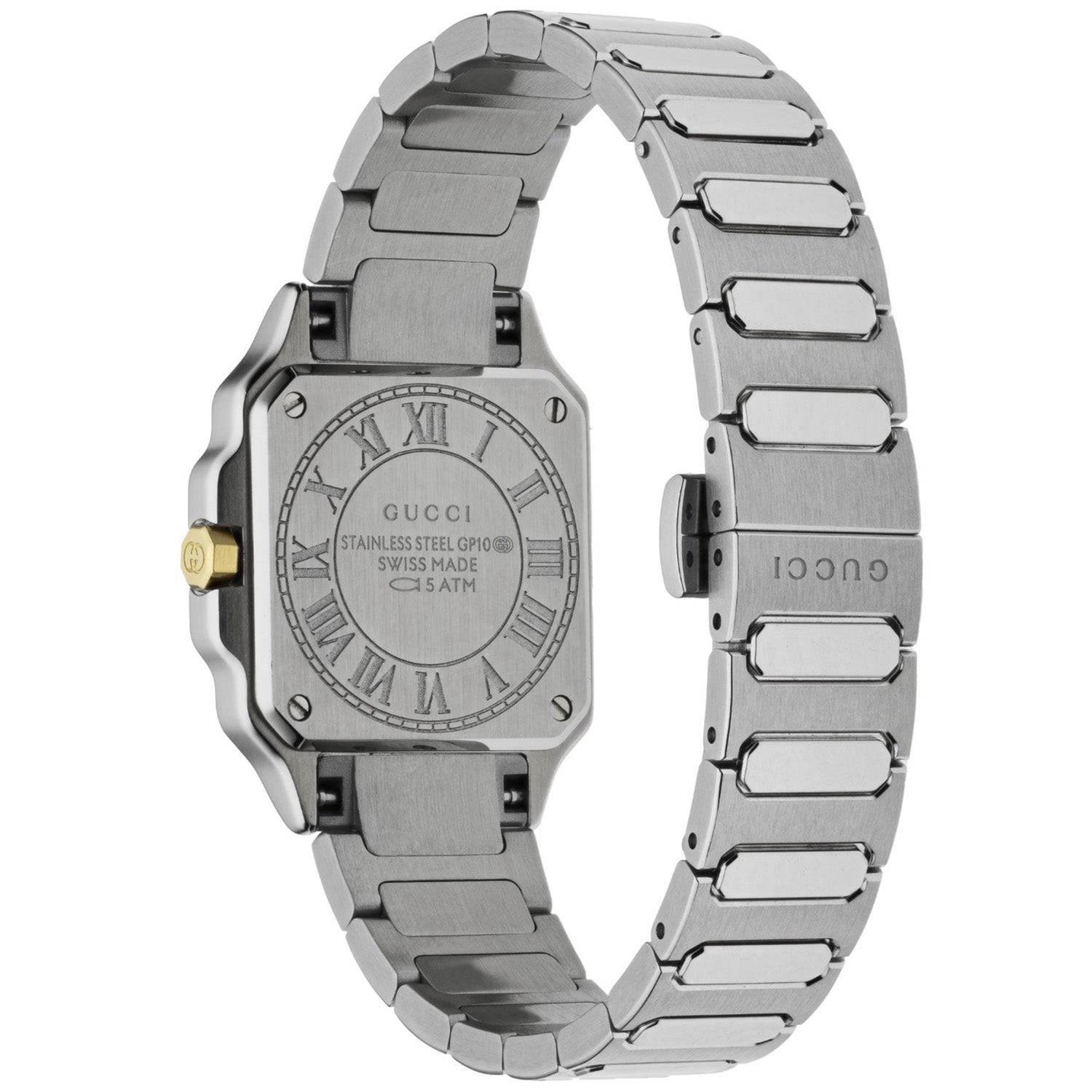 Gucci G-Flat Quartz Stainless Steel Silver Diamond Dial Gold Plated Bezel Bracelet Watch