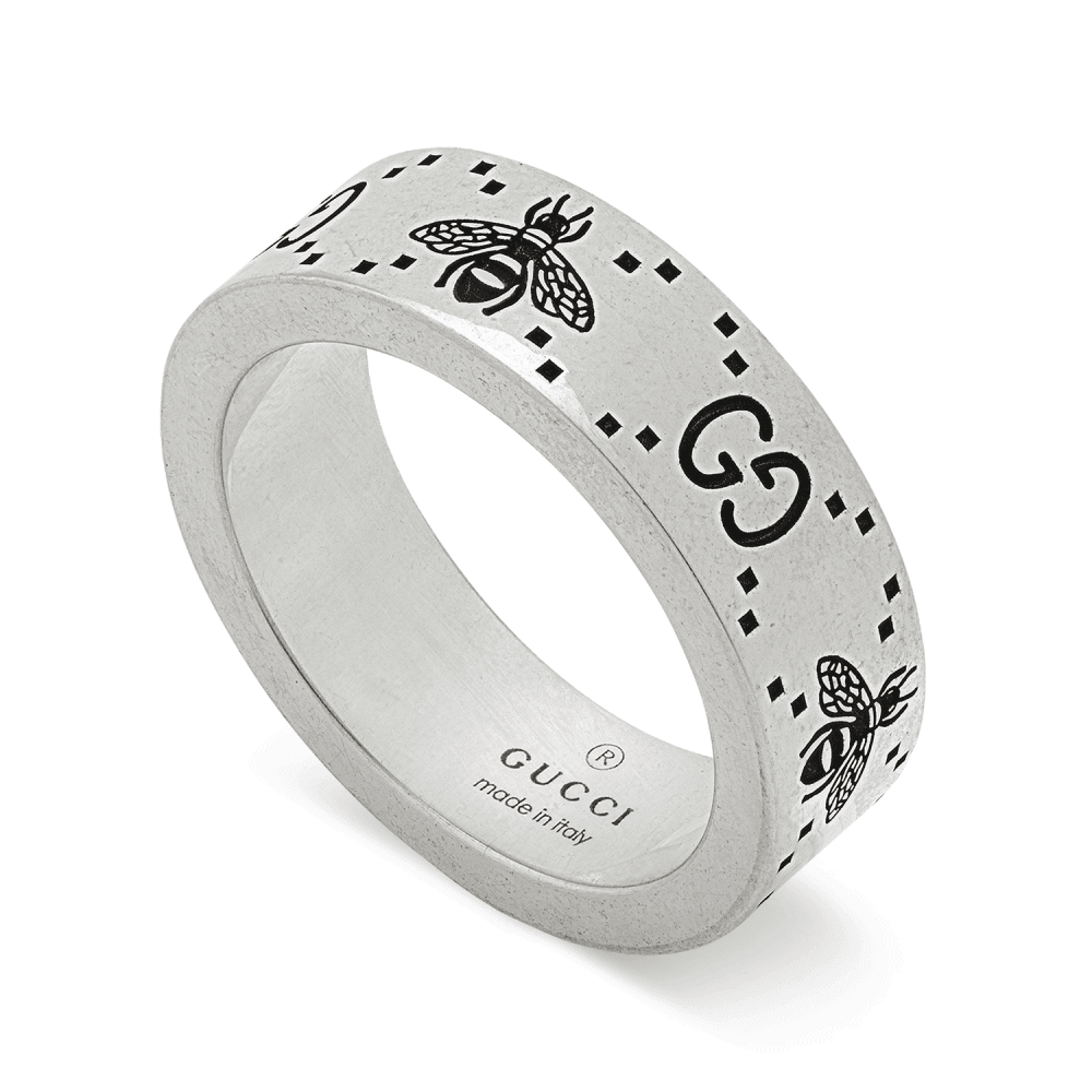 Gucci Signature Sterling Silver GG And Bee Engraved 6mm Ring