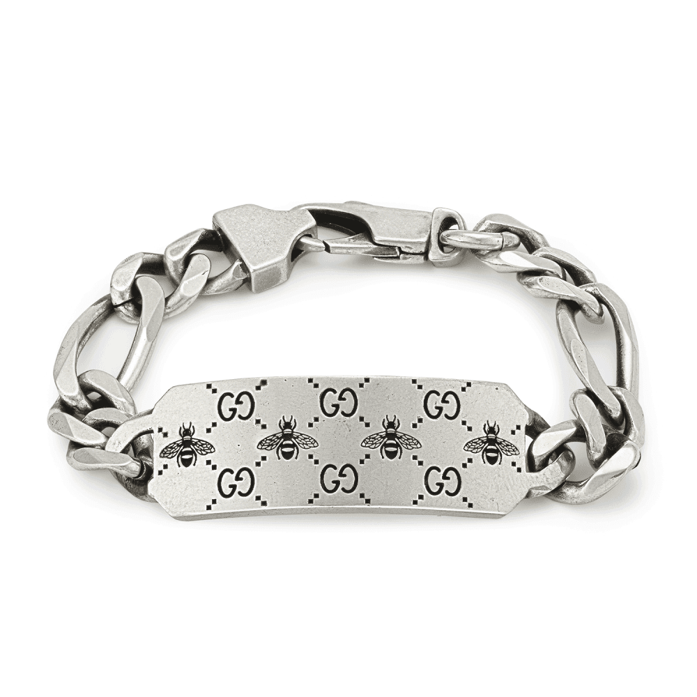 Gucci Signature Sterling Silver GG And Bee Engraved Bracelet