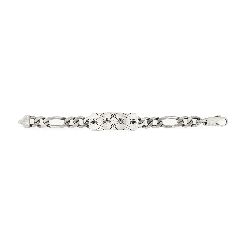 Gucci Signature Sterling Silver GG And Bee Engraved Bracelet