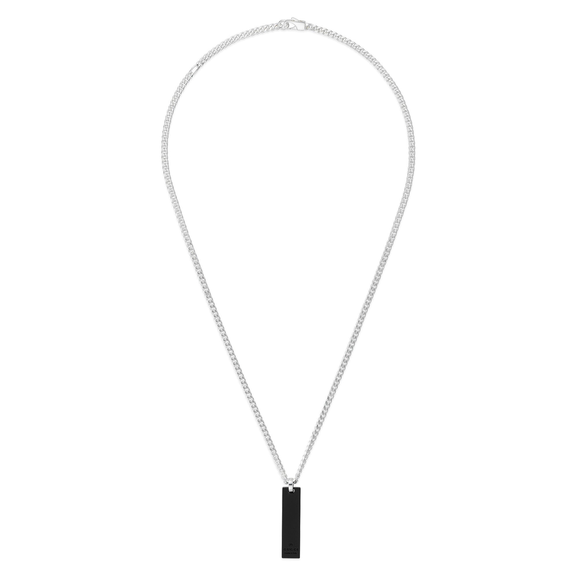 Gucci Tag Sterling Silver Black Necklace With Double G Detail