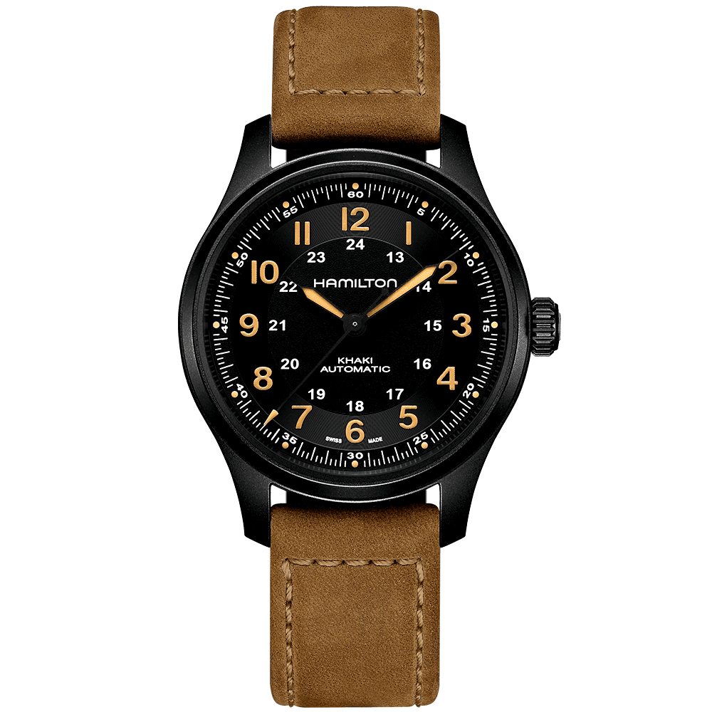 Hamilton Khaki Field Black Titanium 42mm Men's Leather Strap Automatic Watch - Berry's Jewellers