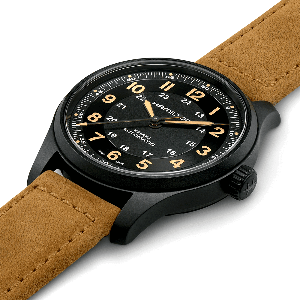 Hamilton Khaki Field Black Titanium 42mm Men's Leather Strap Automatic Watch - Berry's Jewellers