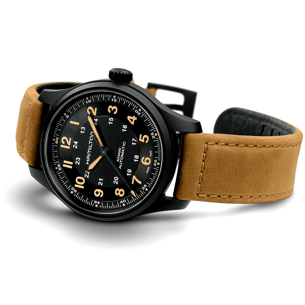 Hamilton Khaki Field Black Titanium 42mm Men's Leather Strap Automatic Watch - Berry's Jewellers