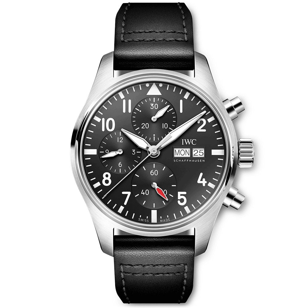 IWC Schaffhausen Pilot's 41mm Black Dial Chronograph Leather Strap Watch - Berry's Jewellers