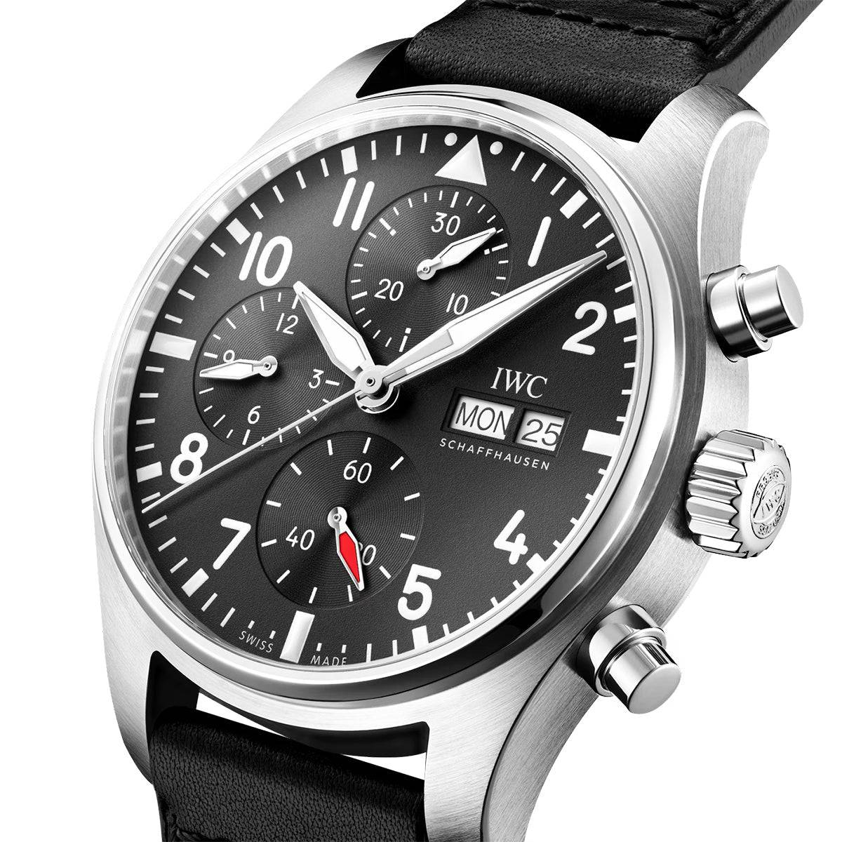 IWC Schaffhausen Pilot's 41mm Black Dial Chronograph Leather Strap Watch - Berry's Jewellers