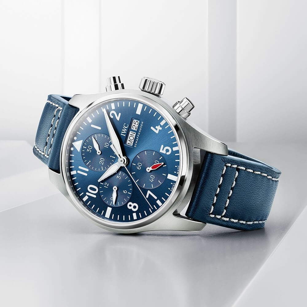 IWC Schaffhausen Pilot's 41mm Blue Dial Chronograph Leather Strap Watch - Berry's Jewellers