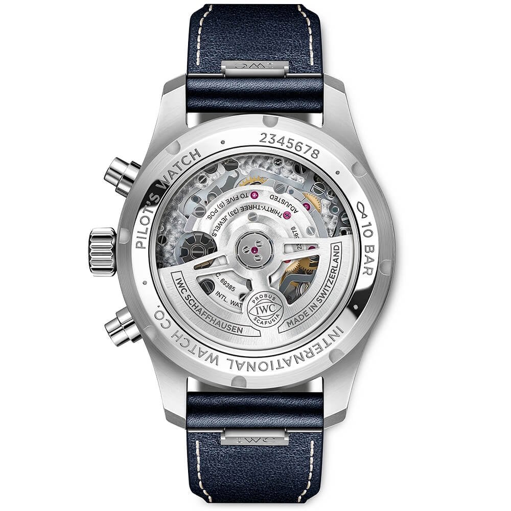 IWC Schaffhausen Pilot's 41mm Blue Dial Chronograph Leather Strap Watch - Berry's Jewellers