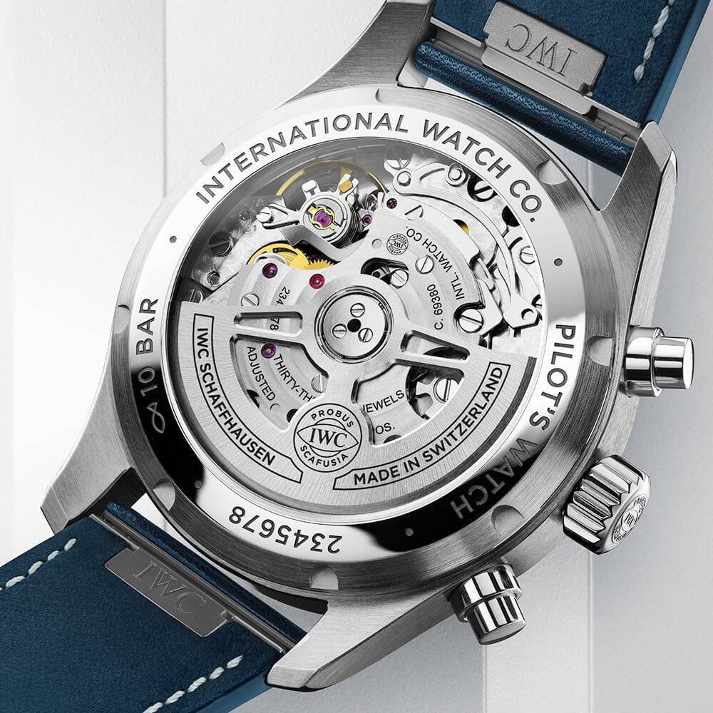 IWC Schaffhausen Pilot's 41mm Blue Dial Chronograph Leather Strap Watch - Berry's Jewellers