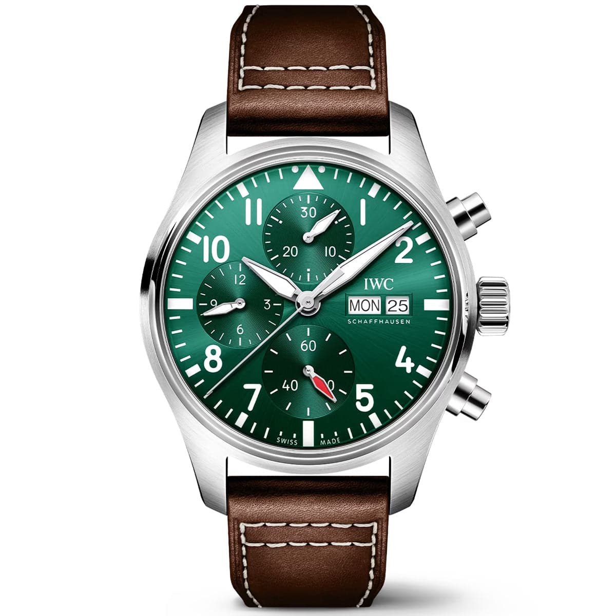 IWC Schaffhausen Pilot's 41mm Green Dial Chronograph Leather Strap Watch - Berry's Jewellers