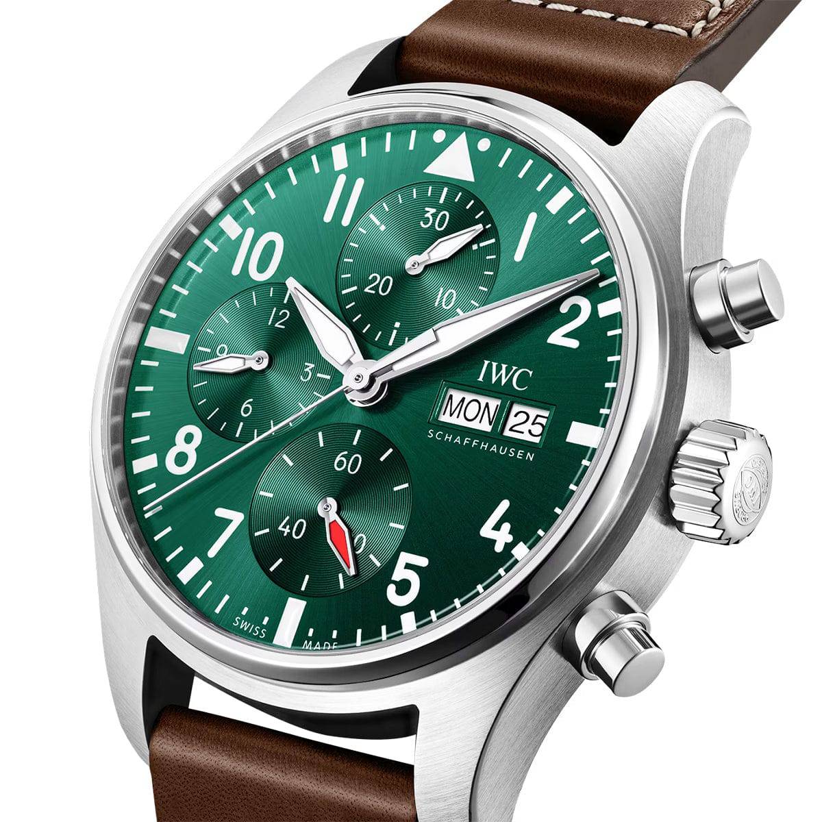 IWC Schaffhausen Pilot's 41mm Green Dial Chronograph Leather Strap Watch - Berry's Jewellers