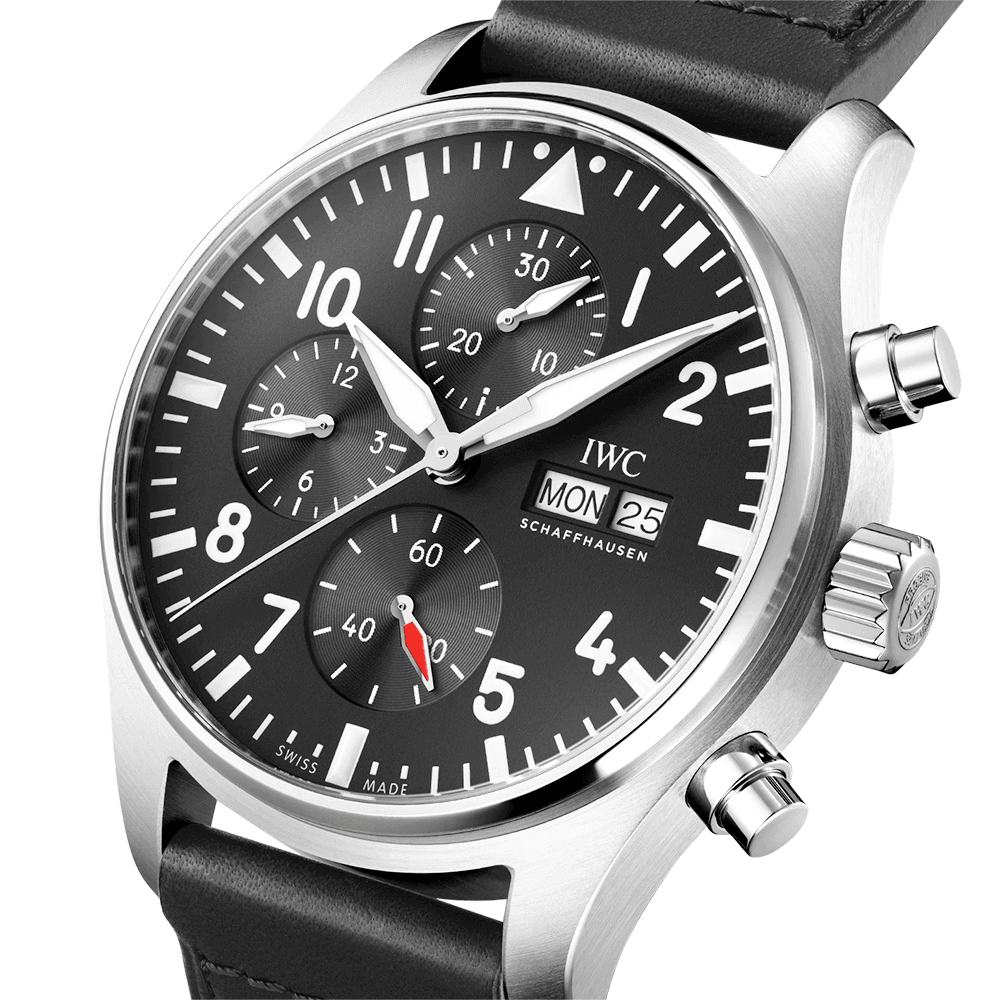 IWC Schaffhausen Pilot's 43mm Black Dial Chronograph Leather Strap Watch - Berry's Jewellers