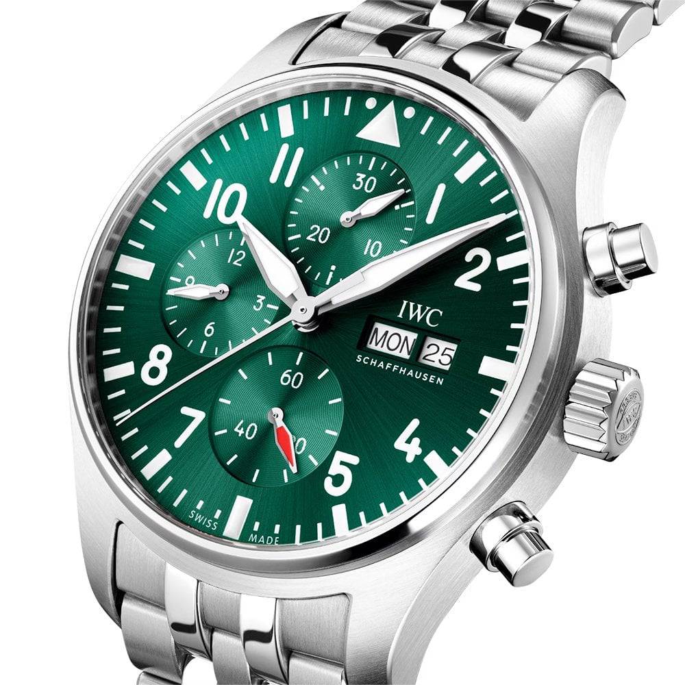 IWC Schaffhausen Pilot's 43mm Green Dial Chronograph Bracelet Watch - Berry's Jewellers