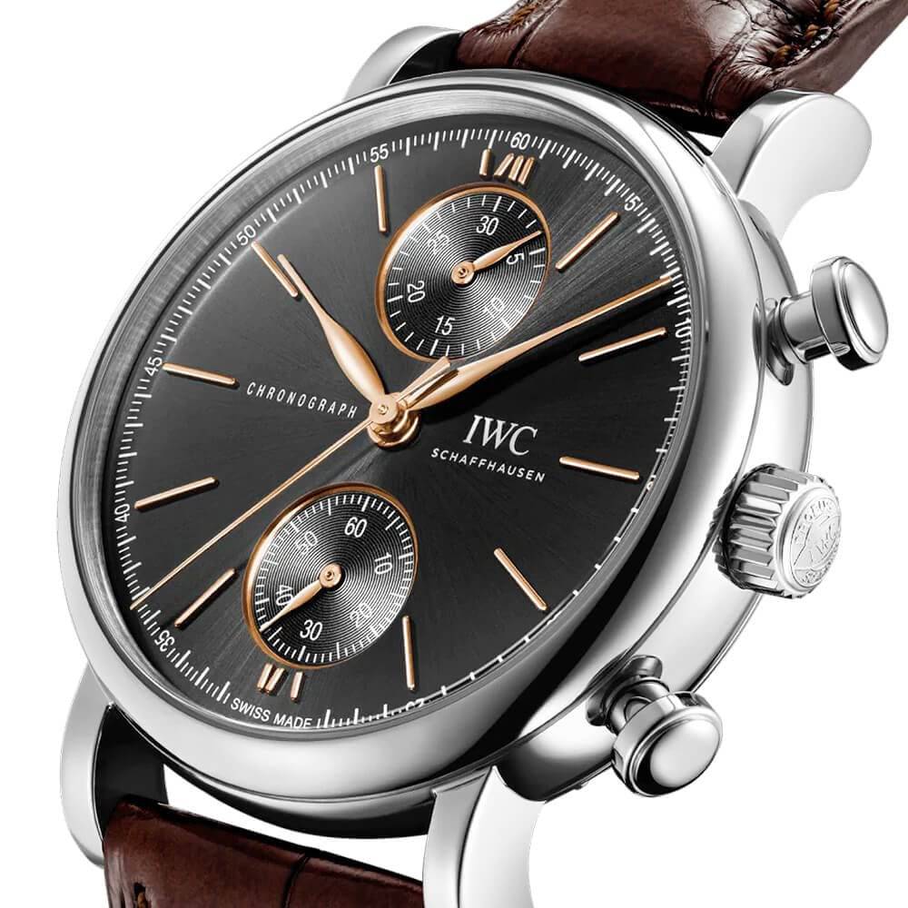 IWC Schaffhausen Portofino 39mm Black/Rose Dial Chronograph Leather Strap Watch - Berry's Jewellers