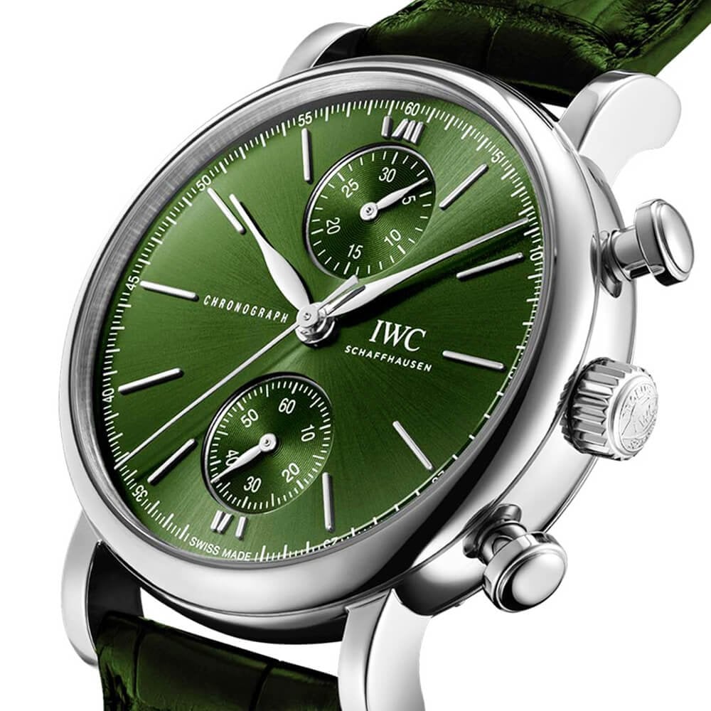 IWC Schaffhausen Portofino 39mm Green Dial Chronograph Leather Strap Watch - Berry's Jewellers