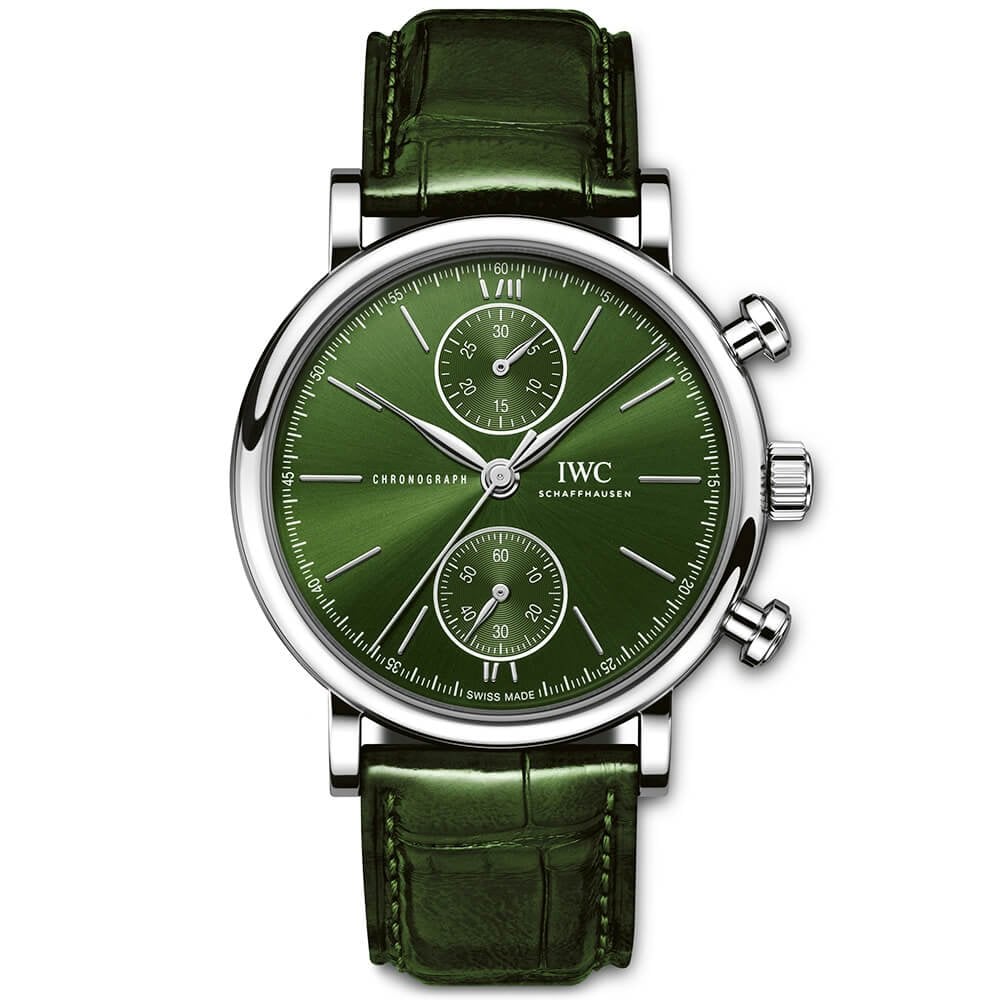 IWC Schaffhausen Portofino 39mm Green Dial Chronograph Leather Strap Watch - Berry's Jewellers