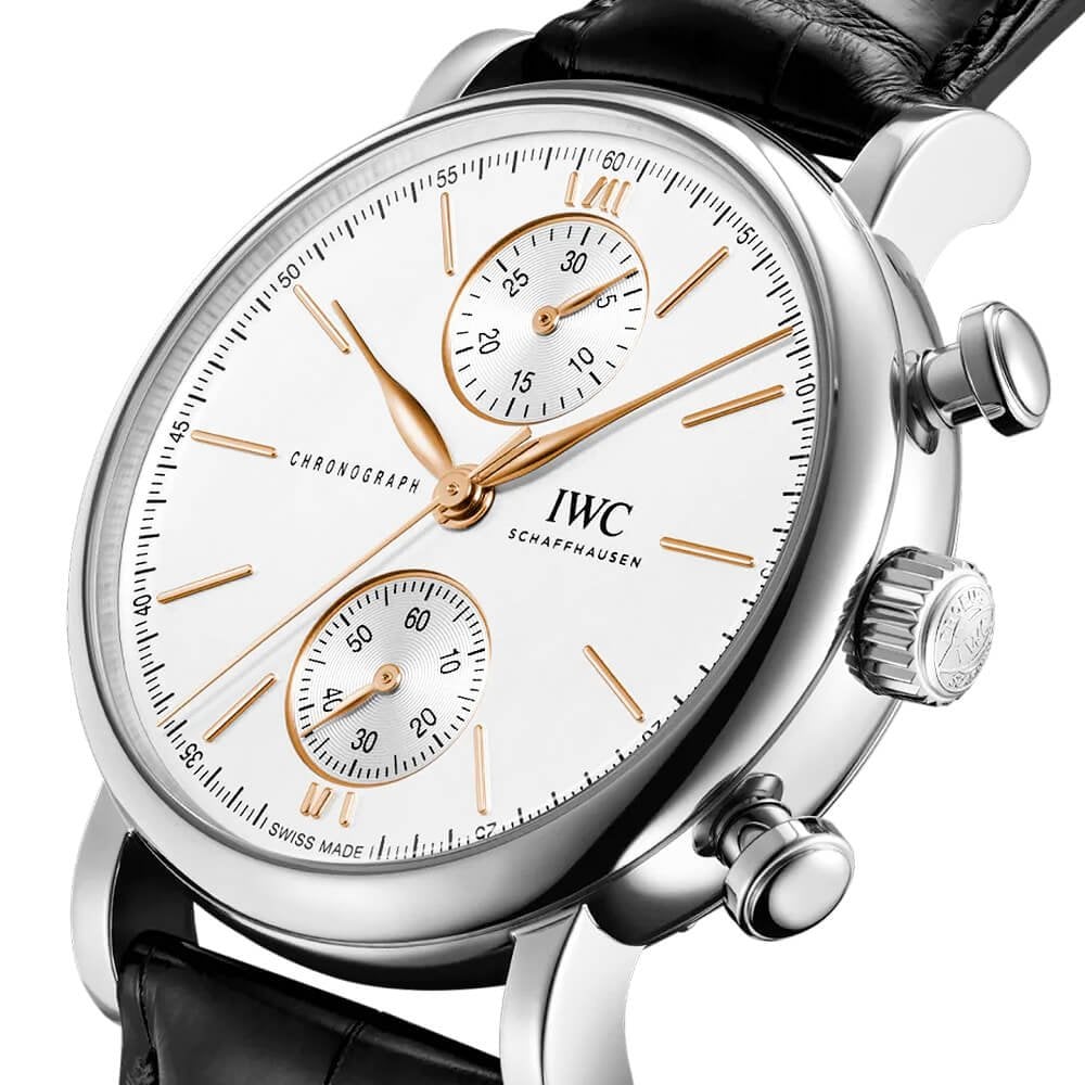 IWC Schaffhausen Portofino 39mm Silver/Rose Dial Chronograph Leather Strap Watch - Berry's Jewellers