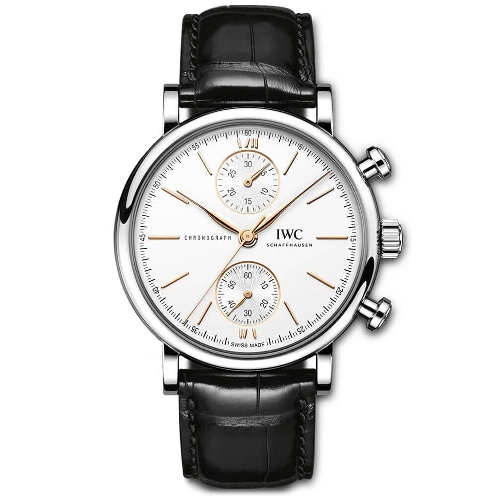 IWC Schaffhausen Portofino 39mm Silver/Rose Dial Chronograph Leather Strap Watch - Berry's Jewellers