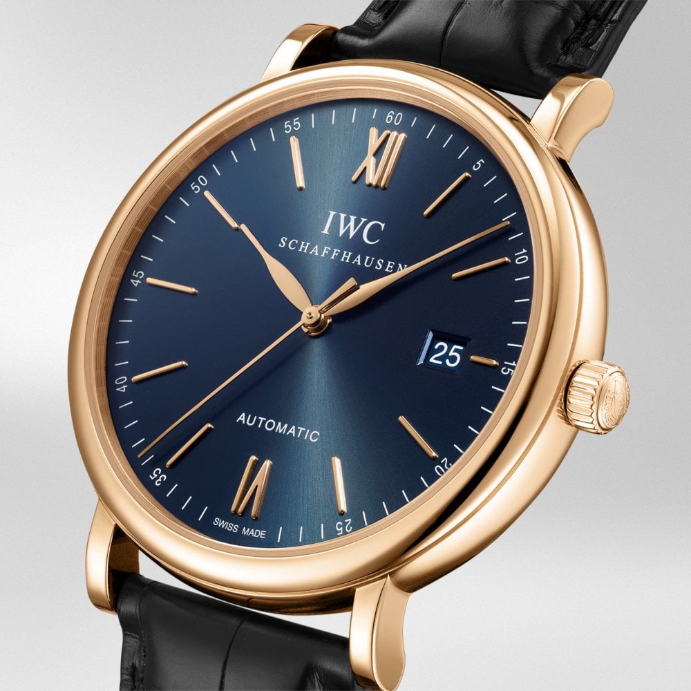 IWC Schaffhausen Portofino 40mm 18ct Red Gold Blue Dial Men's Leather Strap Watch - Berry's Jewellers