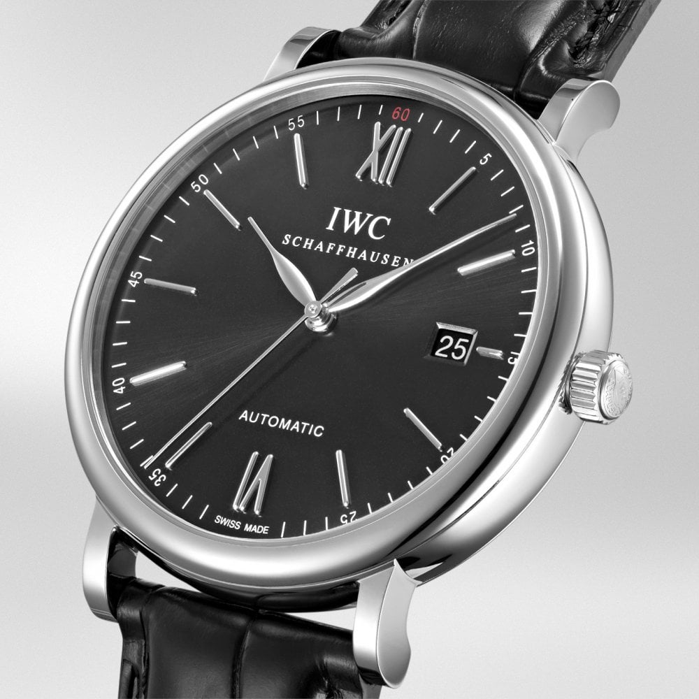 IWC Schaffhausen Portofino 40mm Black Sunray Dial Men's Leather Strap Watch - Berry's Jewellers