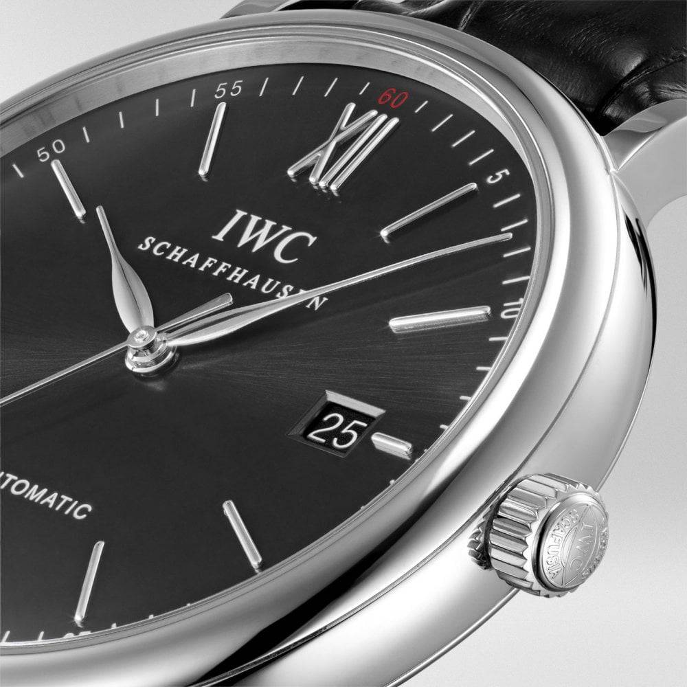 IWC Schaffhausen Portofino 40mm Black Sunray Dial Men's Leather Strap Watch - Berry's Jewellers