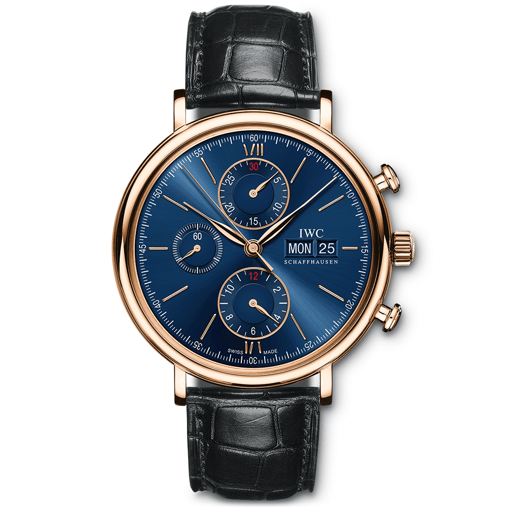 IWC Schaffhausen Portofino 42mm 18ct Red Gold Blue/Rose Dial Chronograph Watch - Berry's Jewellers