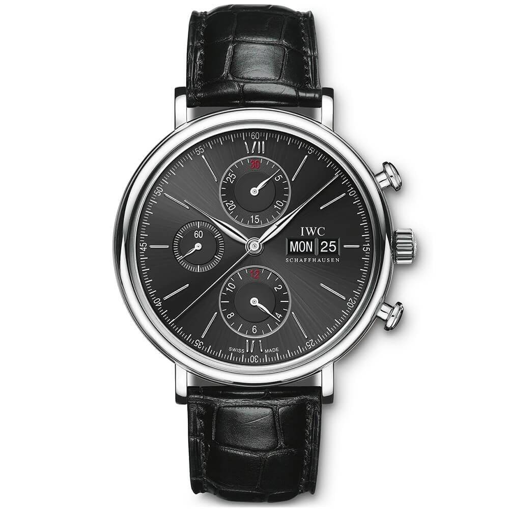 IWC Schaffhausen Portofino 42mm Black Dial Men's Chronograph Leather Strap Watch - Berry's Jewellers