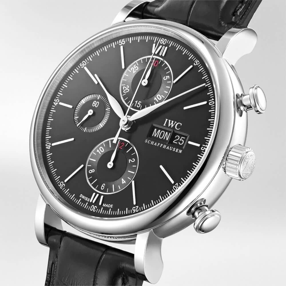 IWC Schaffhausen Portofino 42mm Black Dial Men's Chronograph Leather Strap Watch - Berry's Jewellers